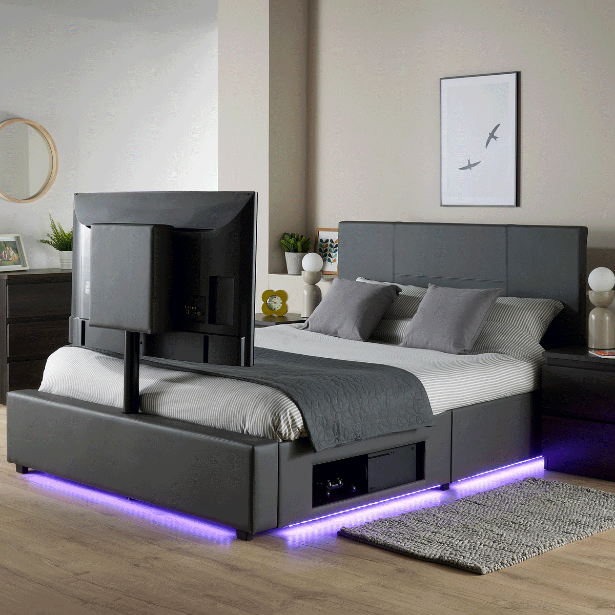 Ava Upholstered TV Bed with LED Lights - Black (4 Sizes)
