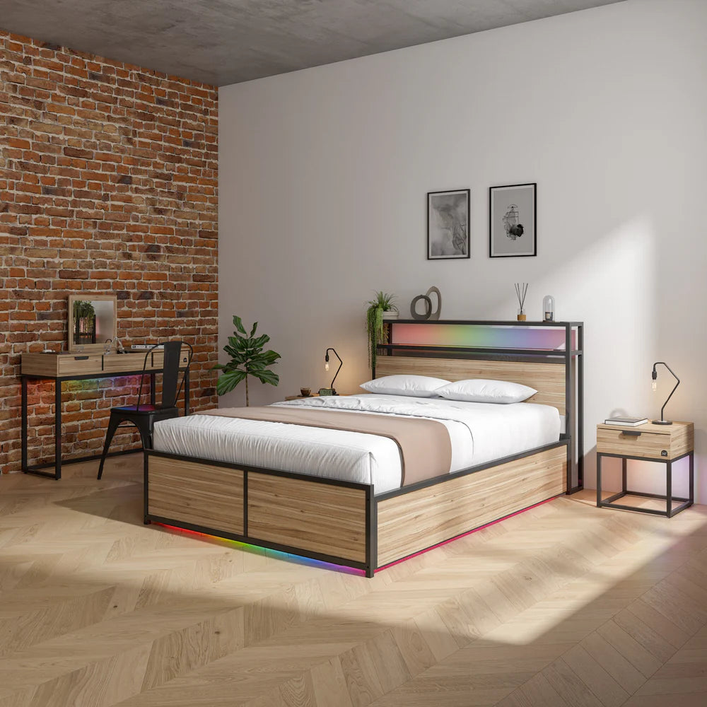Denver Ottoman Bed with Wireless Charging - Oak / Black (2 Sizes)