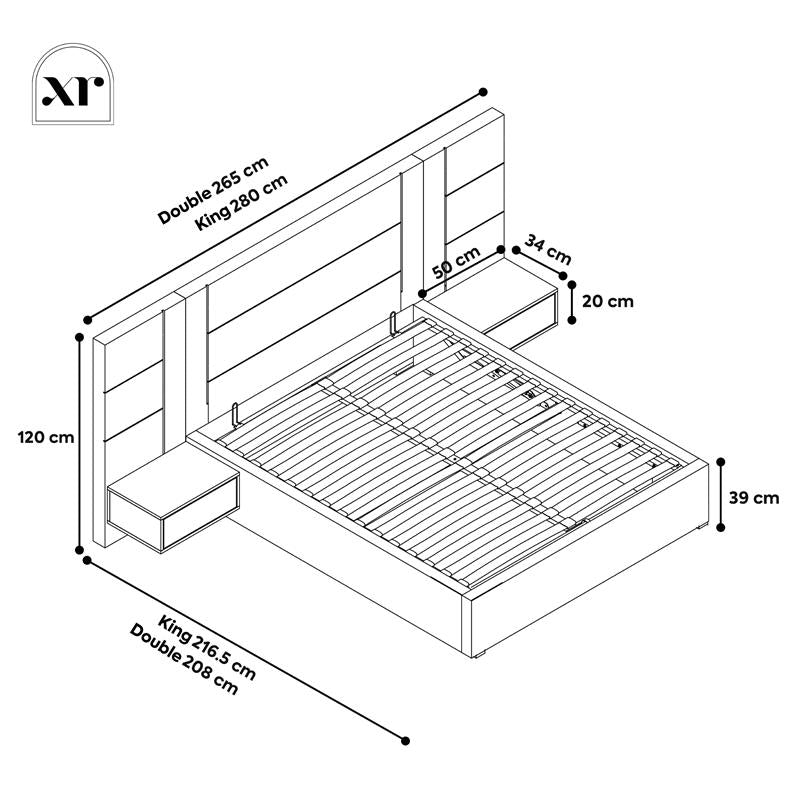 Amelia Ottoman Hotel Bed With Bedside Tables and App Controlled Lights - Grey (2 Sizes) dimensions