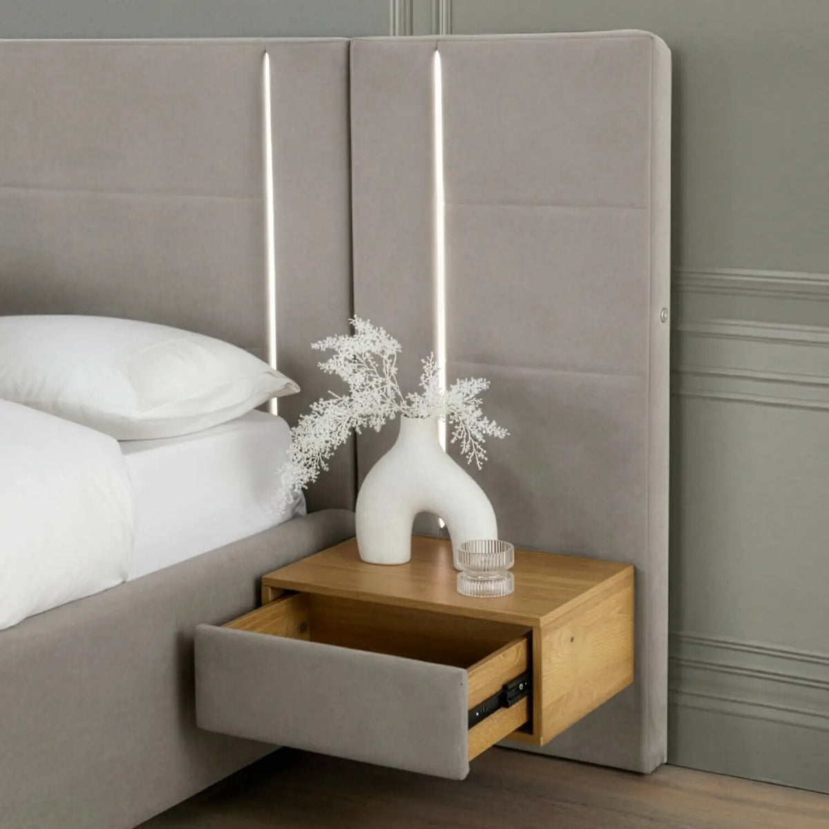 Amelia Ottoman Hotel Bed With Bedside Tables and App Controlled Lights - Grey (2 Sizes)
