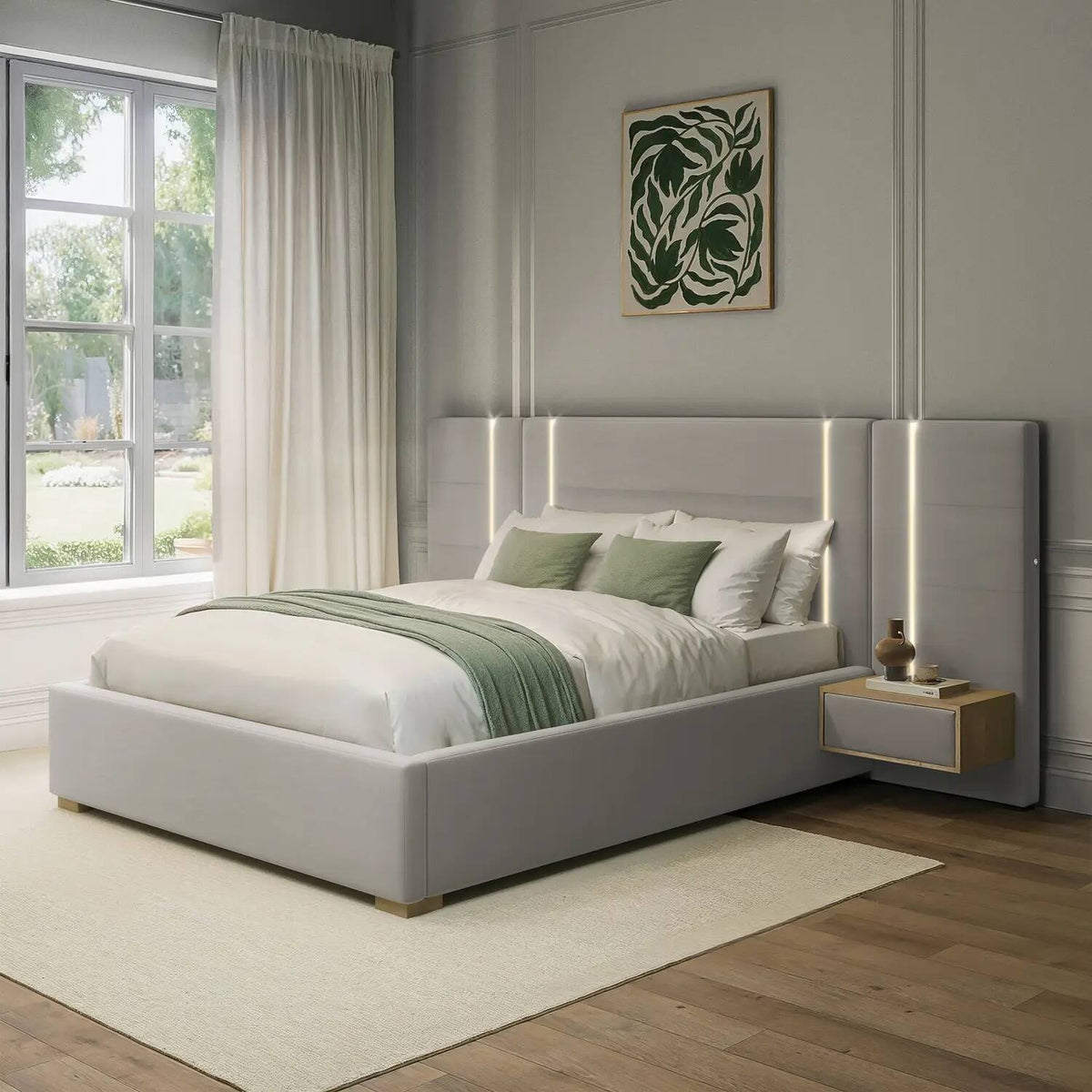 Amelia Ottoman Hotel Bed With Bedside Tables and App Controlled Lights - Grey (2 Sizes)