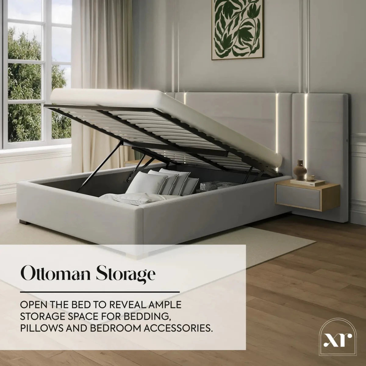 Amelia Ottoman Hotel Bed With Bedside Tables and App Controlled Lights - Grey (2 Sizes) - XR LivingOttoman Bed