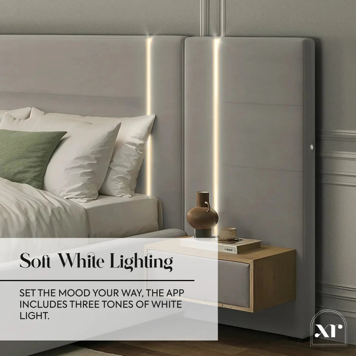 Amelia Ottoman Hotel Bed With Bedside Tables and App Controlled Lights - Grey (2 Sizes) - XR LivingOttoman Bed