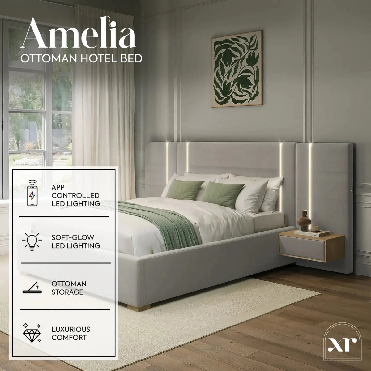 Amelia Ottoman Hotel Bed With Bedside Tables and App Controlled Lights - Grey (2 Sizes) - XR LivingOttoman Bed