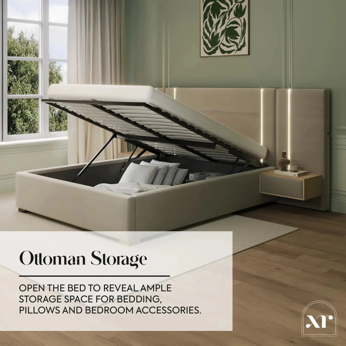 Amelia Ottoman Hotel Bed With Bedside Tables and App Controlled Lights - Natural Stone (2 Sizes) - XR LivingOttoman Bed