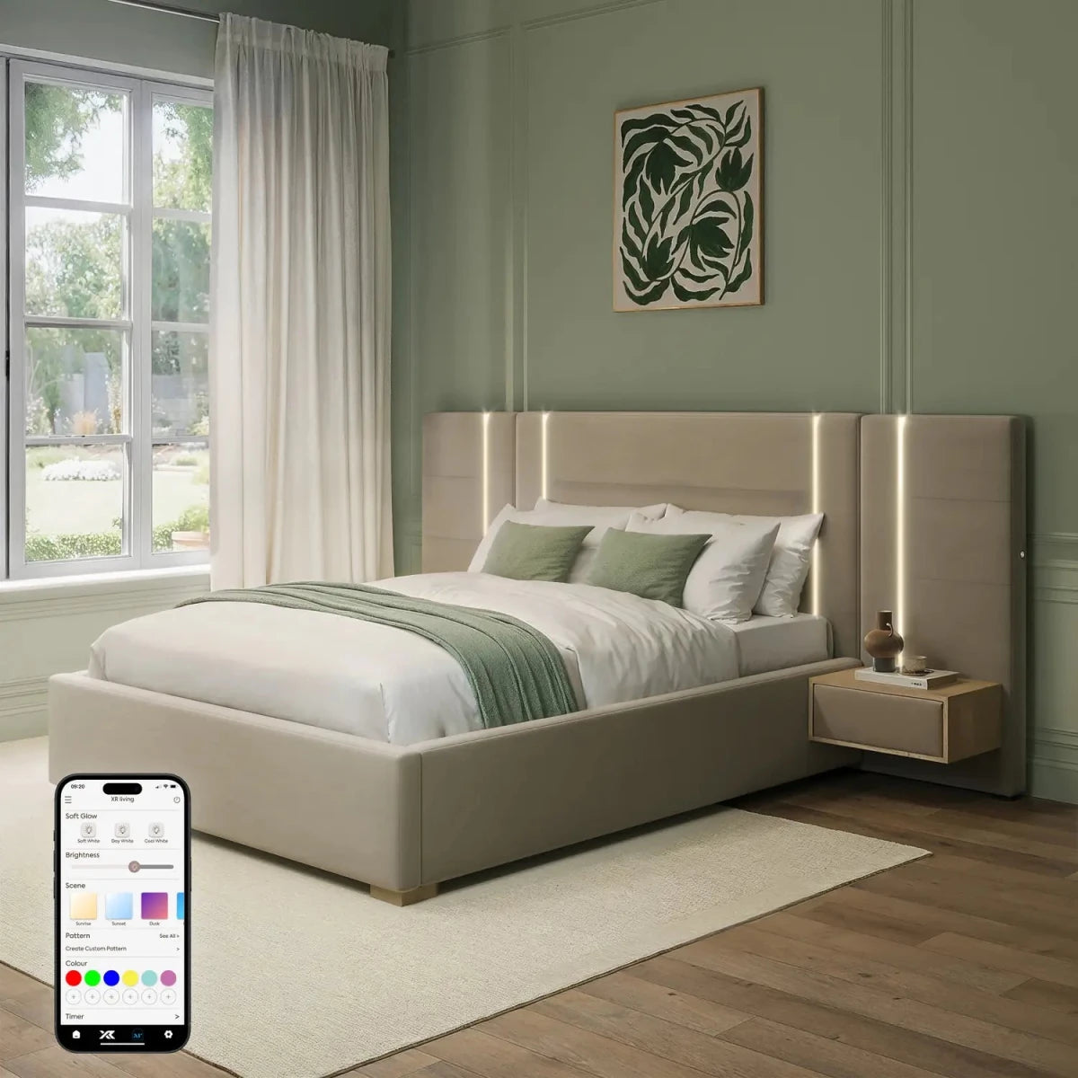 Amelia Ottoman Hotel Bed With Bedside Tables and App Controlled Lights - Natural Stone (2 Sizes) - XR LivingOttoman Bed