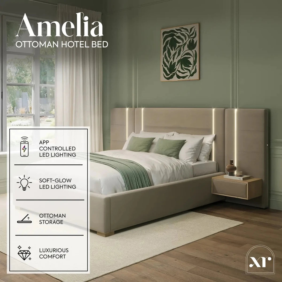 Amelia Ottoman Hotel Bed With Bedside Tables and App Controlled Lights - Natural Stone (2 Sizes) - XR LivingOttoman Bed