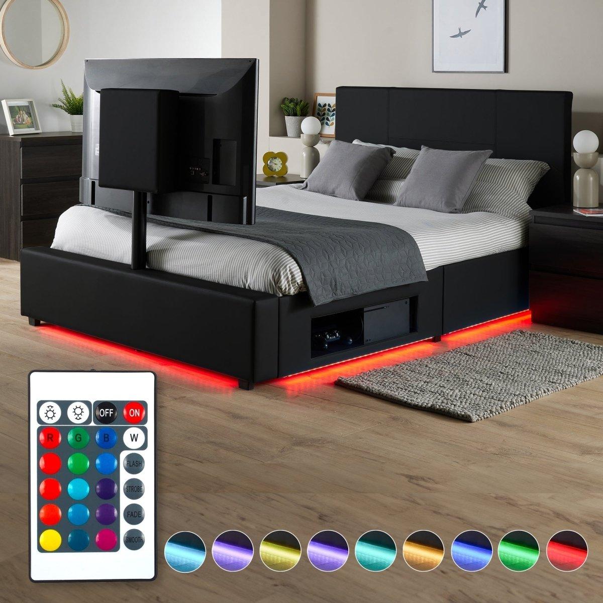 Ava Upholstered TV Bed with LED Lights - Black (4 Sizes) - XR LivingTV Bed