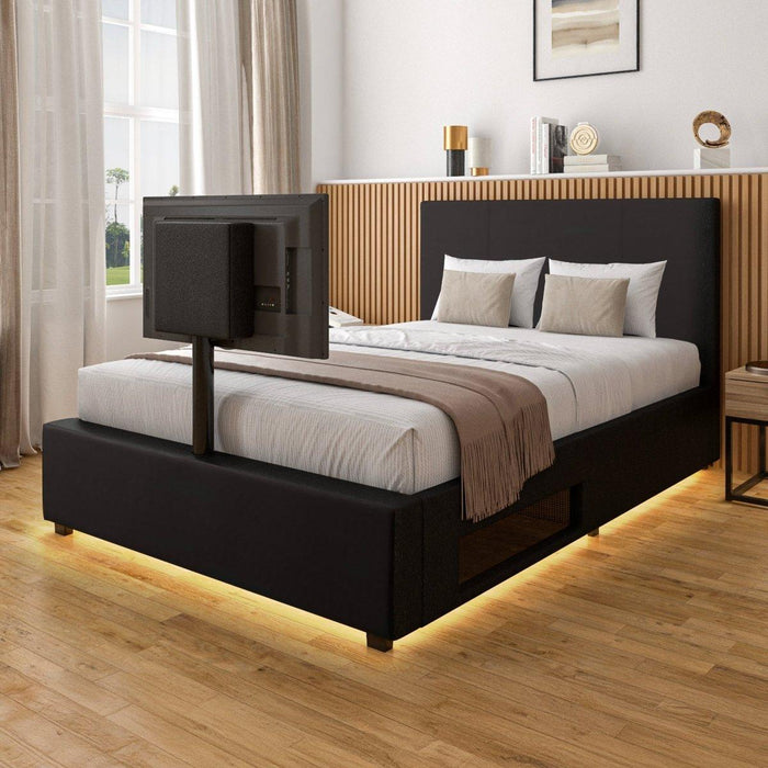 Ava Upholstered TV Bed with LED Lights - Black (4 Sizes) - XR LivingTV Bed