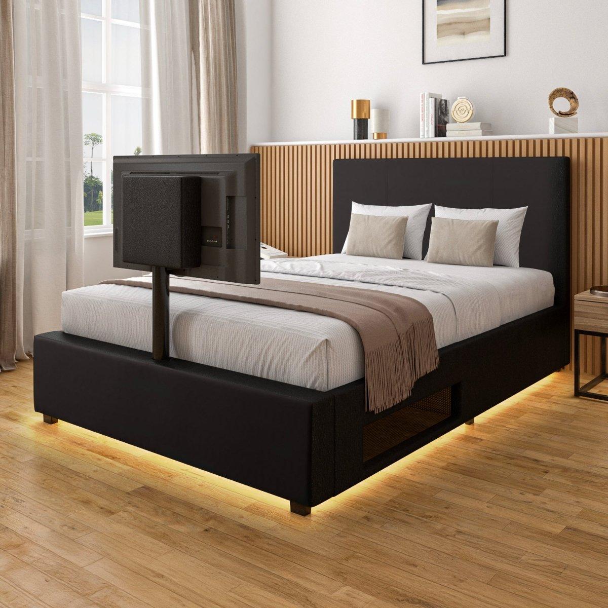 Ava Upholstered TV Bed with LED Lights - Black (4 Sizes) - XR LivingTV Bed