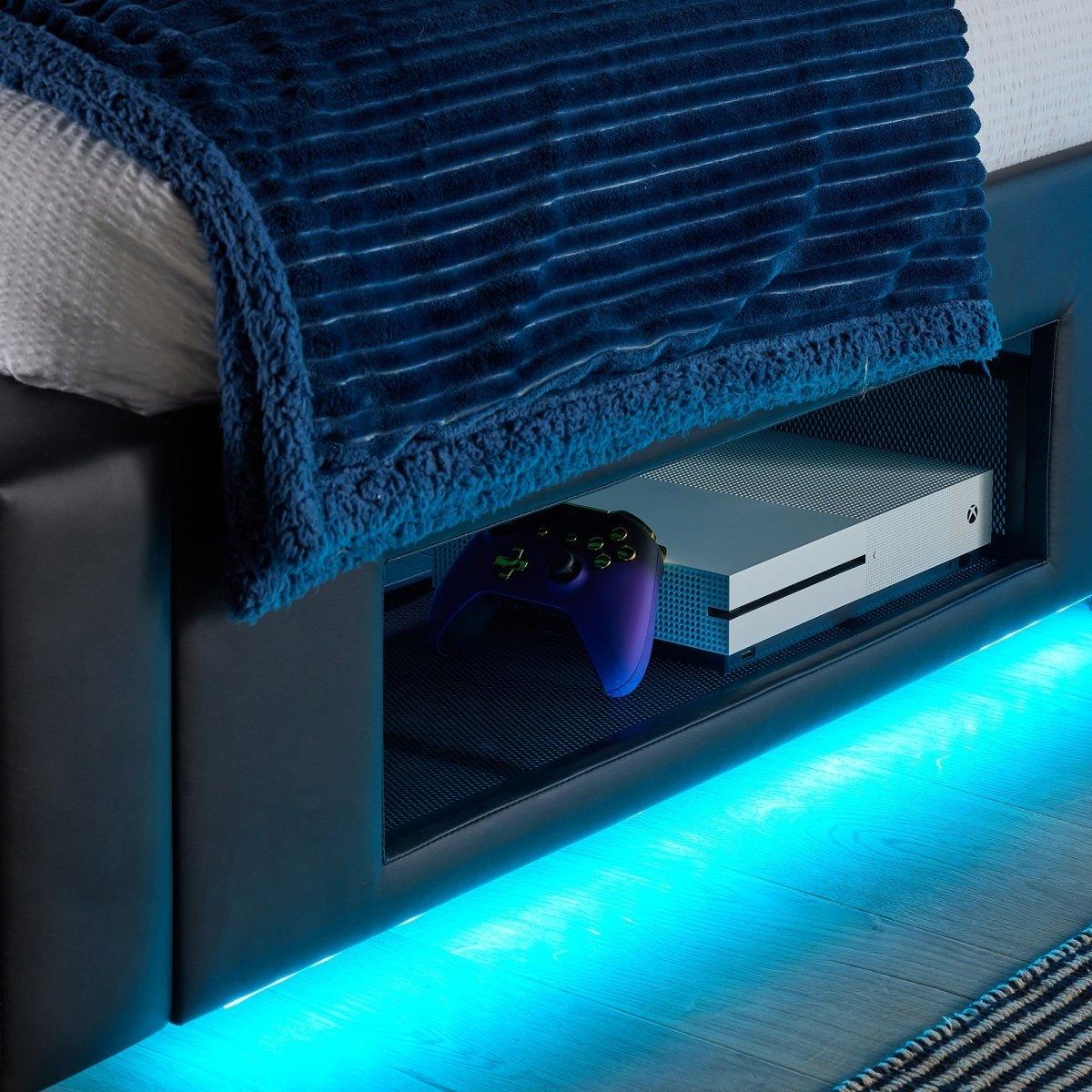 Ava Upholstered TV Bed with LED Lights - Black (4 Sizes) - XR LivingTV Bed