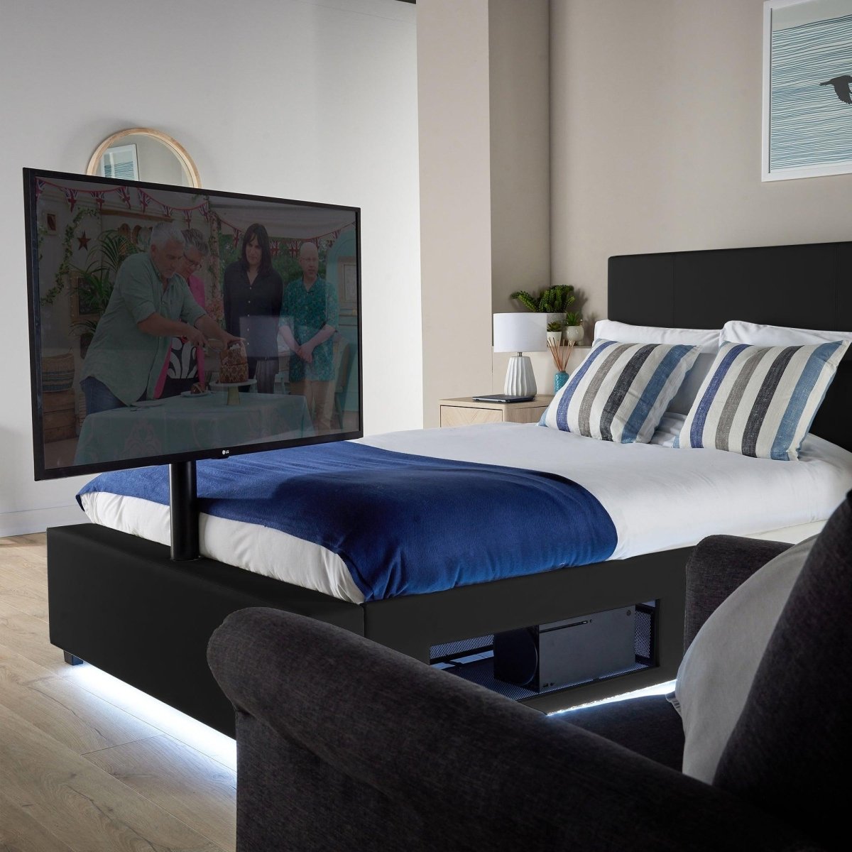 Ava Upholstered TV Bed with LED Lights - Black (4 Sizes) - XR LivingTV Bed