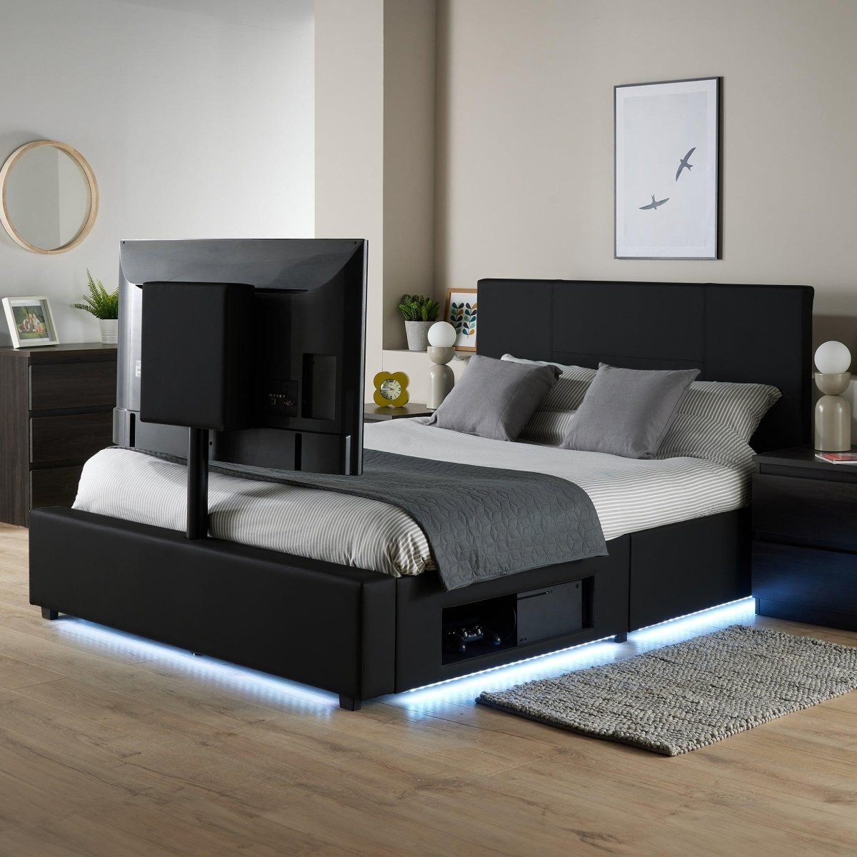 Ava Upholstered TV Bed with LED Lights - Black (4 Sizes) - XR LivingTV Bed