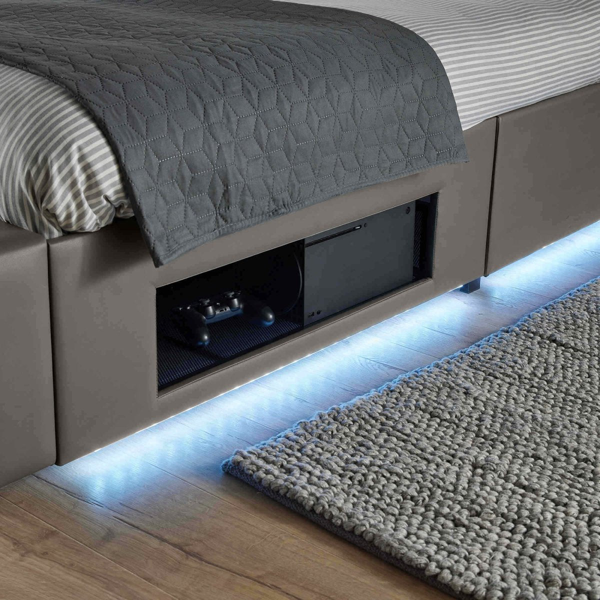 Ava Upholstered TV Bed with LED Lights - Grey (4 Sizes) - XR LivingTV Bed