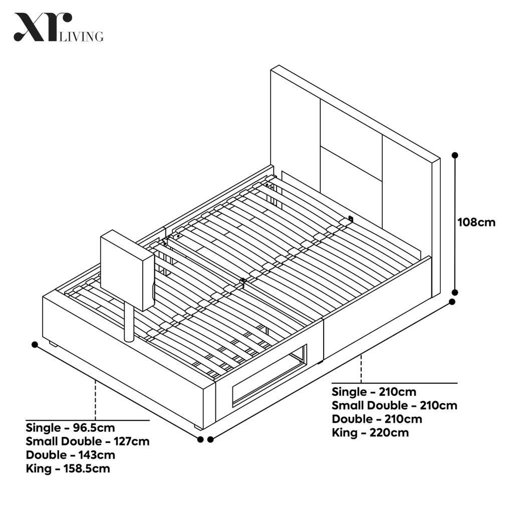 Ava Upholstered TV Bed with LED Lights - Grey (4 Sizes) - XR LivingTV Bed