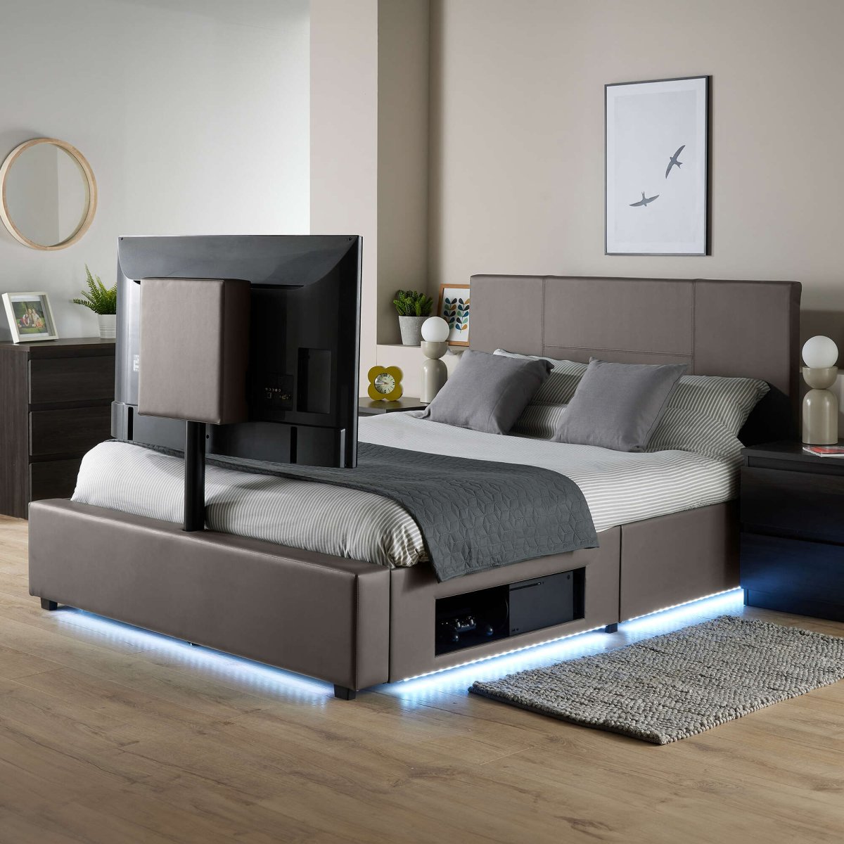 Ava Upholstered TV Bed with LED Lights - Grey (4 Sizes) - XR LivingTV Bed