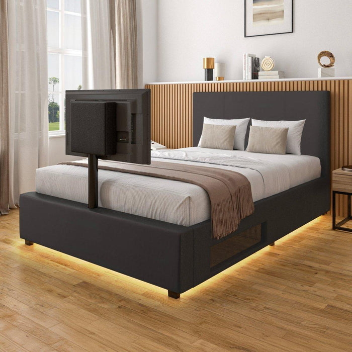 Ava Upholstered TV Bed with LED Lights - Grey (4 Sizes) - XR LivingTV Bed