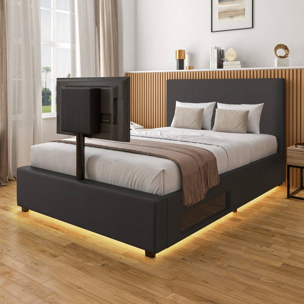 Ava Upholstered TV Bed with LED Lights - Grey (4 Sizes) - XR LivingTV Bed