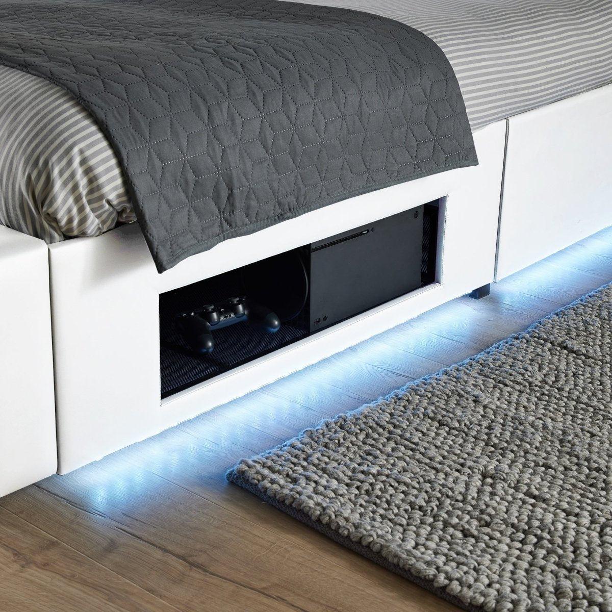 Ava Upholstered TV Bed with LED Lights - White (4 Sizes) - XR Living
