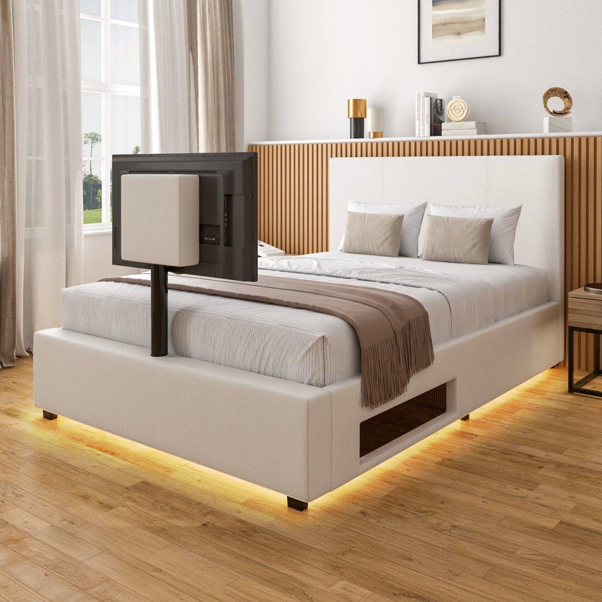 Ava Upholstered TV Bed with LED Lights - White (4 Sizes) - XR LivingTV Bed
