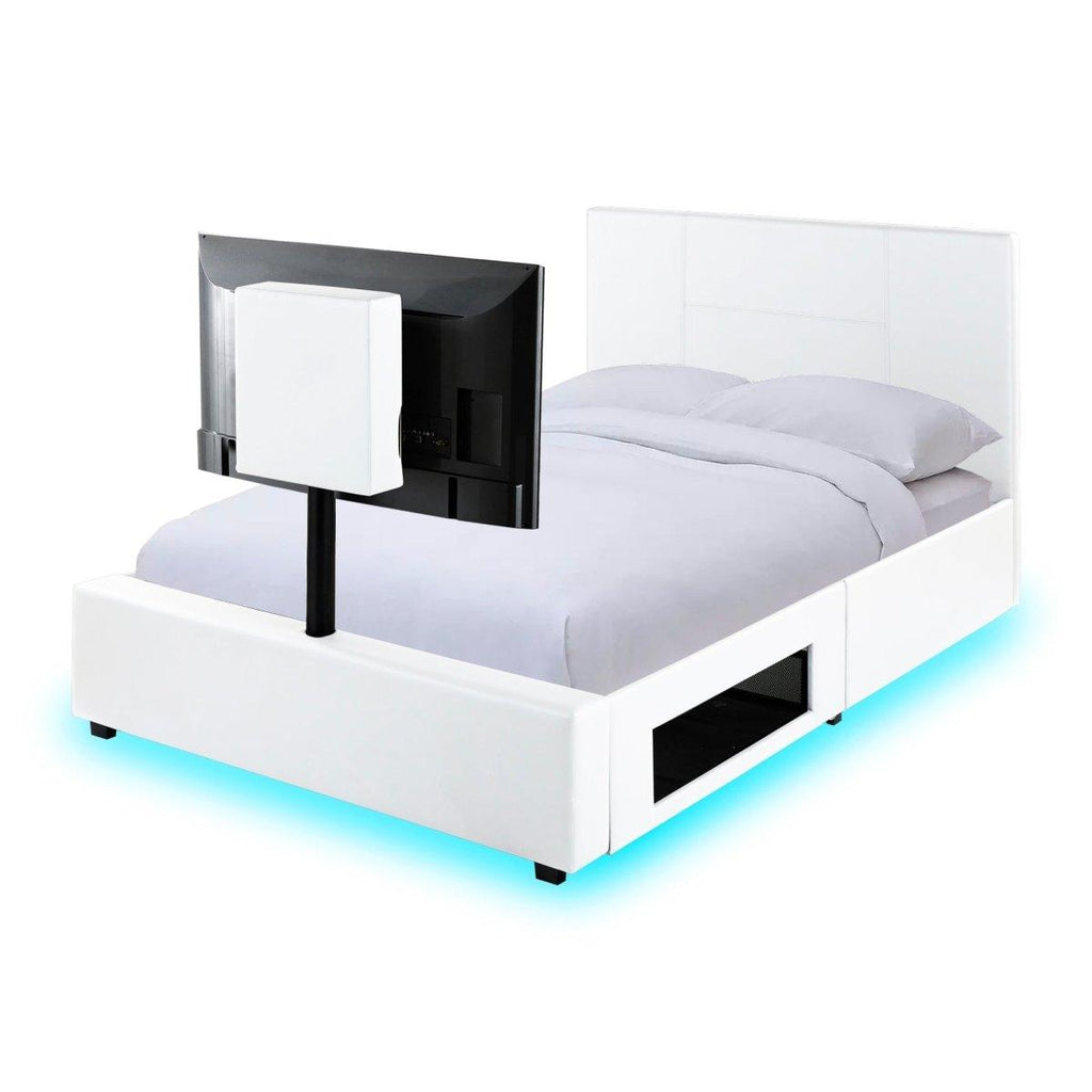Ava Upholstered TV Bed with LED Lights - White (4 Sizes) - XR LivingTV Bed
