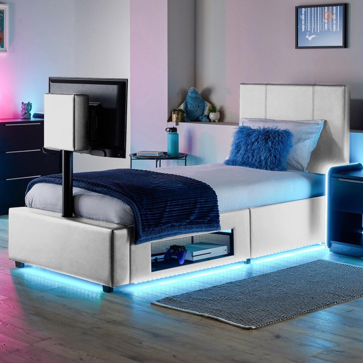 Ava Upholstered TV Bed with LED Lights - White (4 Sizes) - XR LivingTV Bed