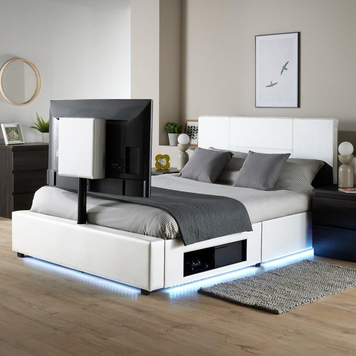 Ava Upholstered TV Bed with LED Lights - White (4 Sizes) - XR LivingTV Bed