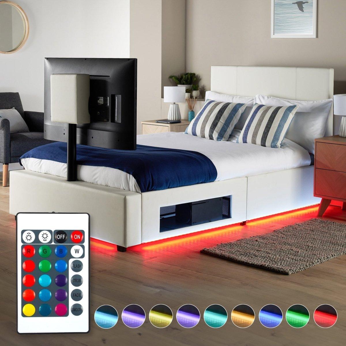 Ava Upholstered TV Bed with LED Lights - White (4 Sizes) - XR LivingTV Bed