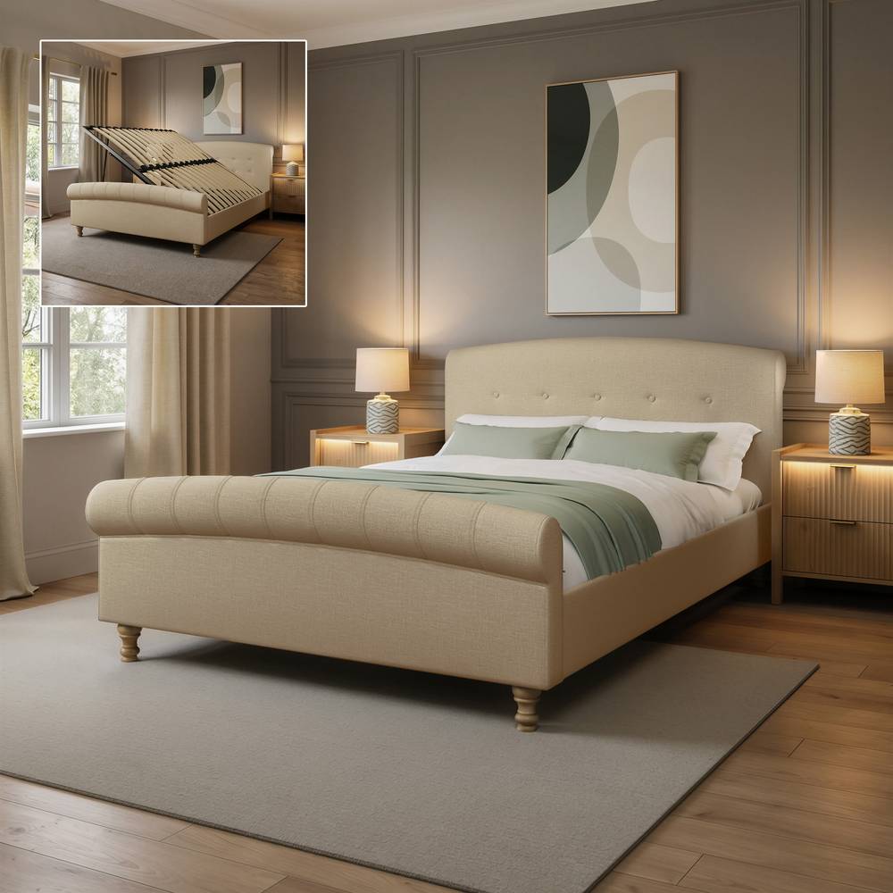Camille Sleigh Shadow Ottoman Bed - Natural Stone (2 Sizes) - XR LivingBed Frame