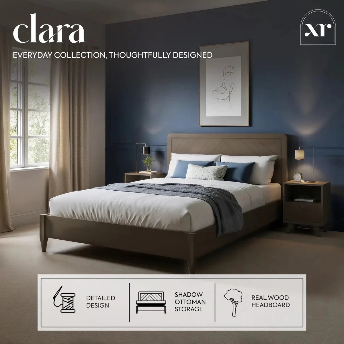 Clara Shadow Ottoman Wooden Bed Frame - Dark Oak (2 Sizes) - XR LivingBed Frame