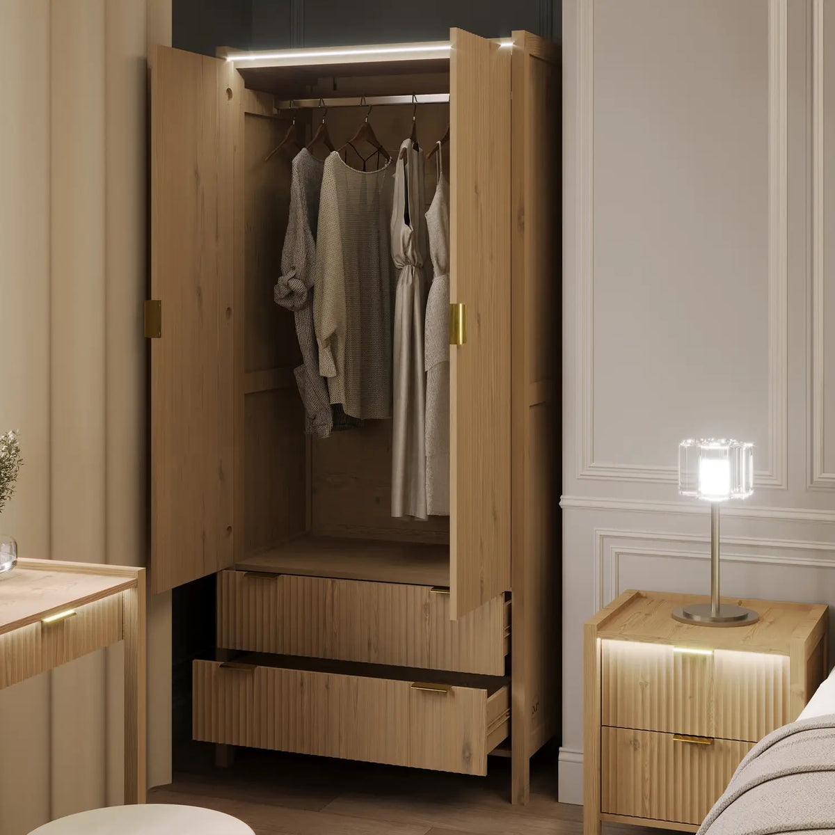 Dakota Two Door Wardrobe with Two Drawers and App Controlled LED Lights - Wild Oak