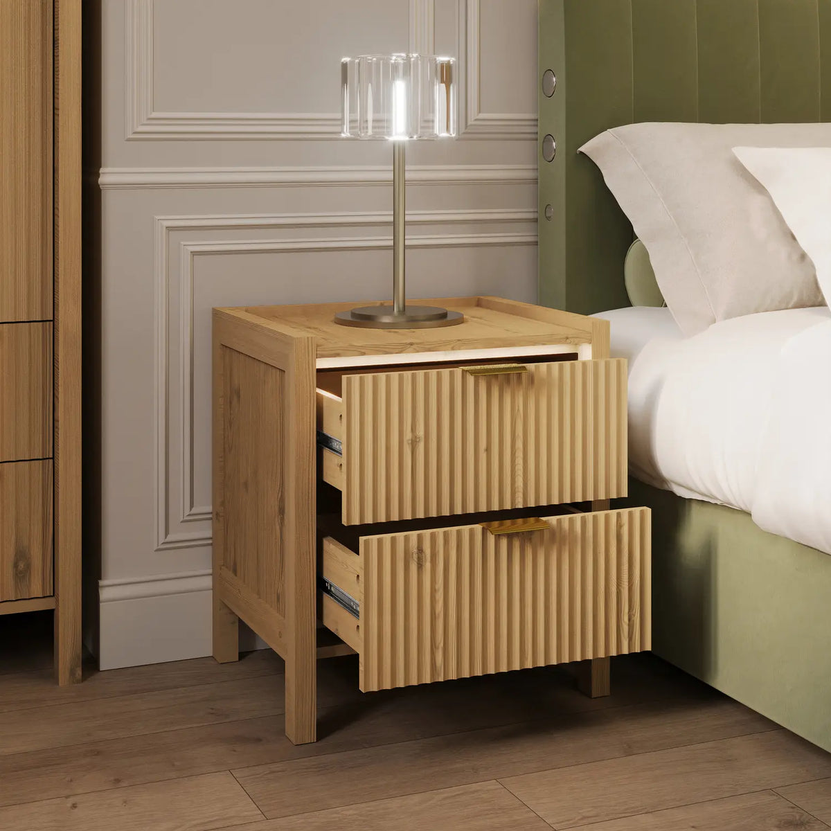 Dakota Bedside Table with Two Drawers and App Controlled LED Lights - Wild Oak