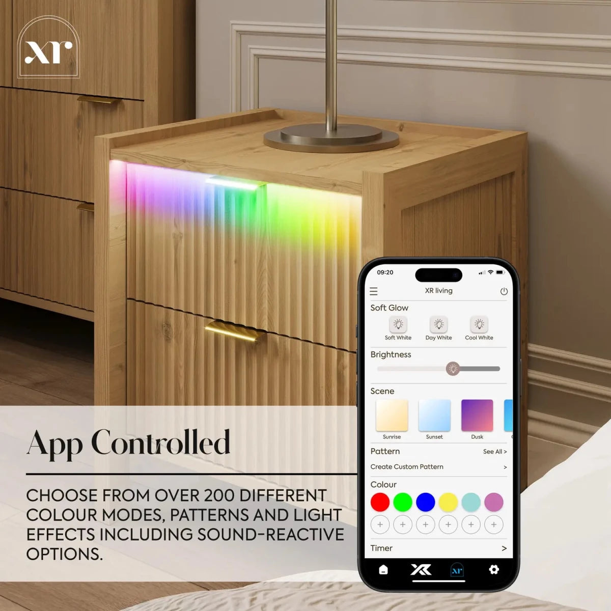 Dakota Bedside Table with Two Drawers and App Controlled LED Lights - Wild Oak - XR LivingBedside Table