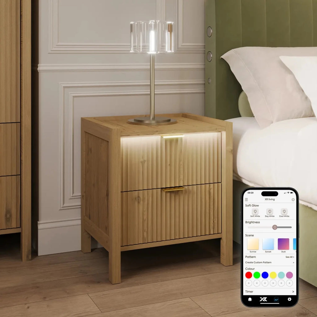 Dakota Bedside Table with Two Drawers and App Controlled LED Lights - Wild Oak - XR LivingBedside Table