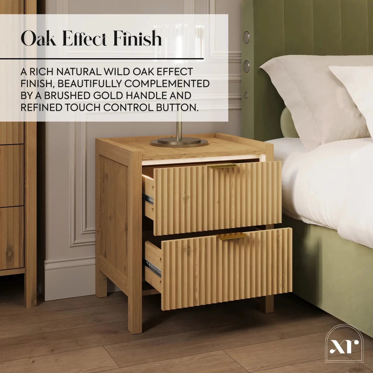 Dakota Bedside Table with Two Drawers and App Controlled LED Lights - Wild Oak - XR LivingBedside Table