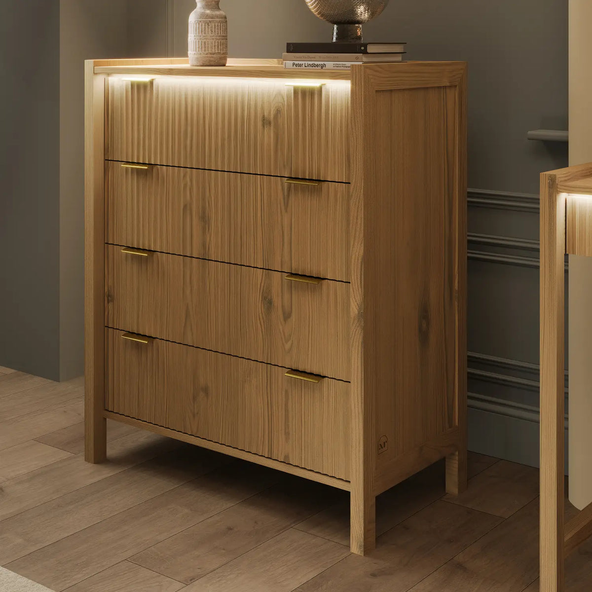 Dakota Chest of Four Drawers with App Controlled LED Lights - Wild Oak