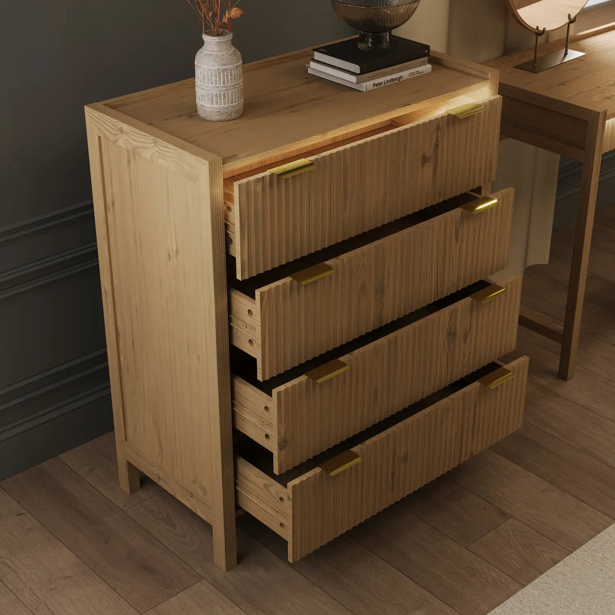 Dakota Chest of Four Drawers with App Controlled LED Lights - Wild Oak