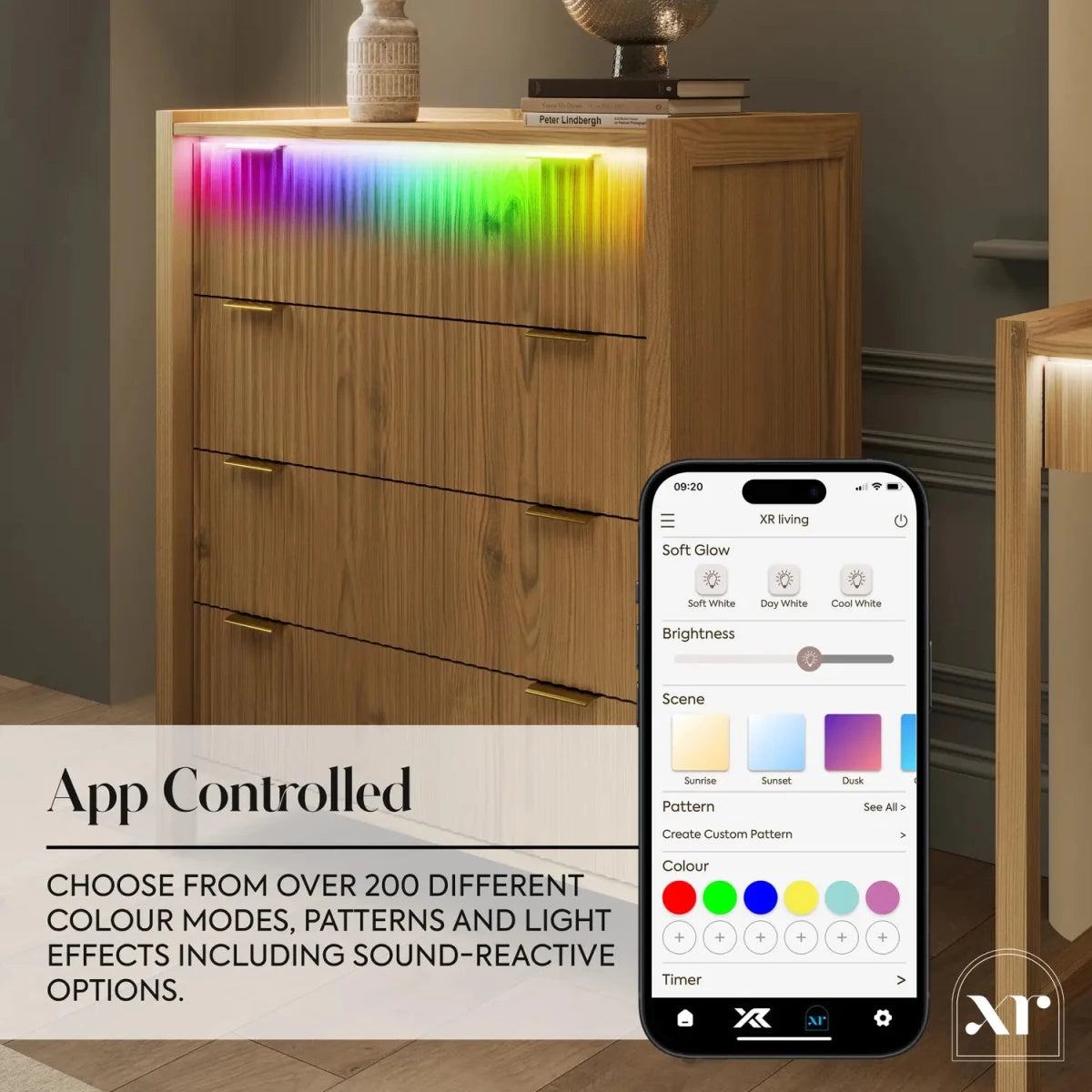 Dakota Chest of Four Drawers with App Controlled LED Lights - Wild Oak - XR LivingChest of Drawers