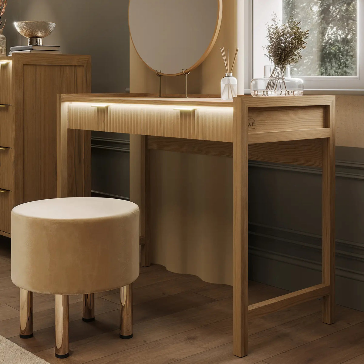 Dakota Dressing Table with 2 Drawers and App Controlled LED Lights - Wild Oak