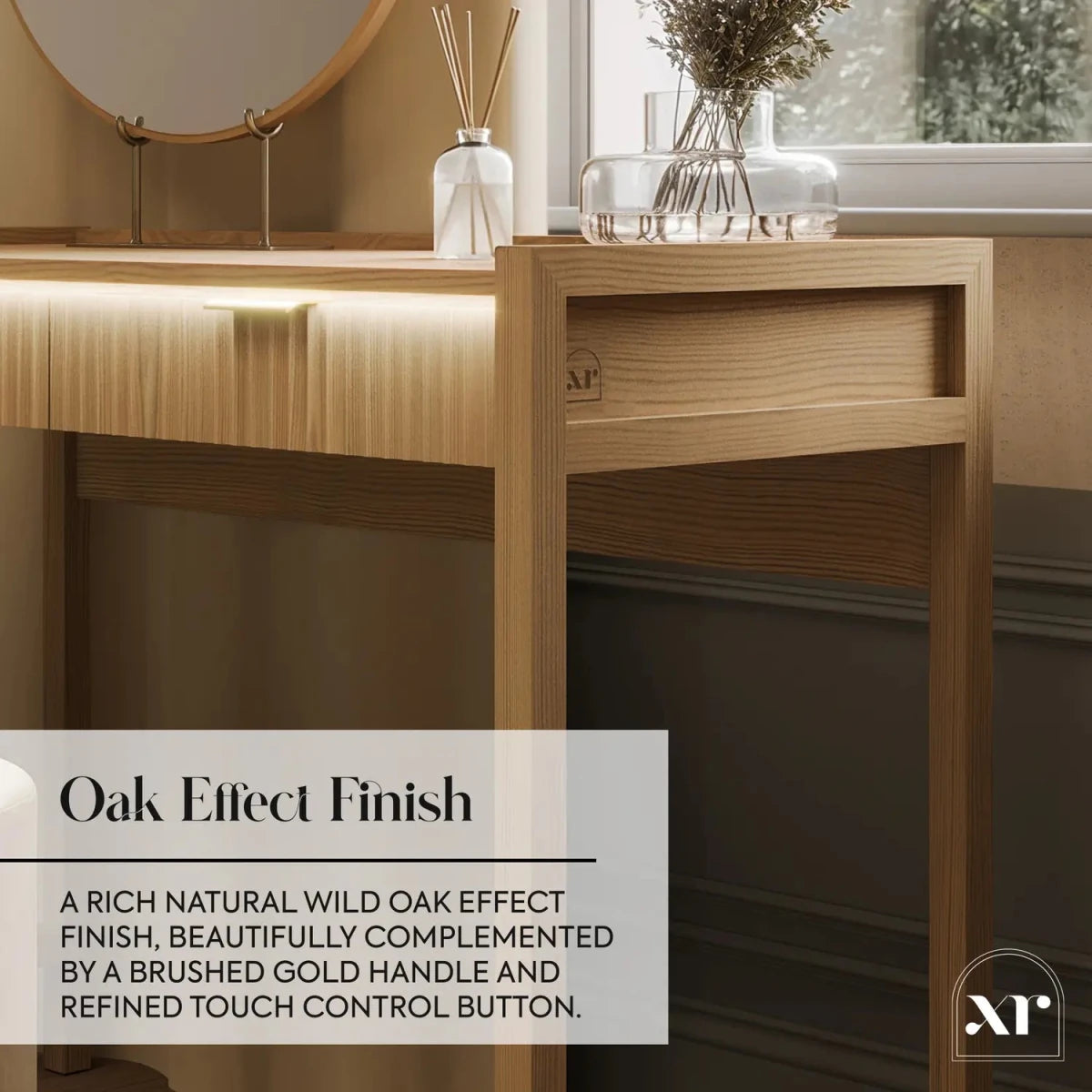 Dakota Dressing Table with 2 Drawers and App Controlled LED Lights - Wild Oak - XR LivingDressing Table