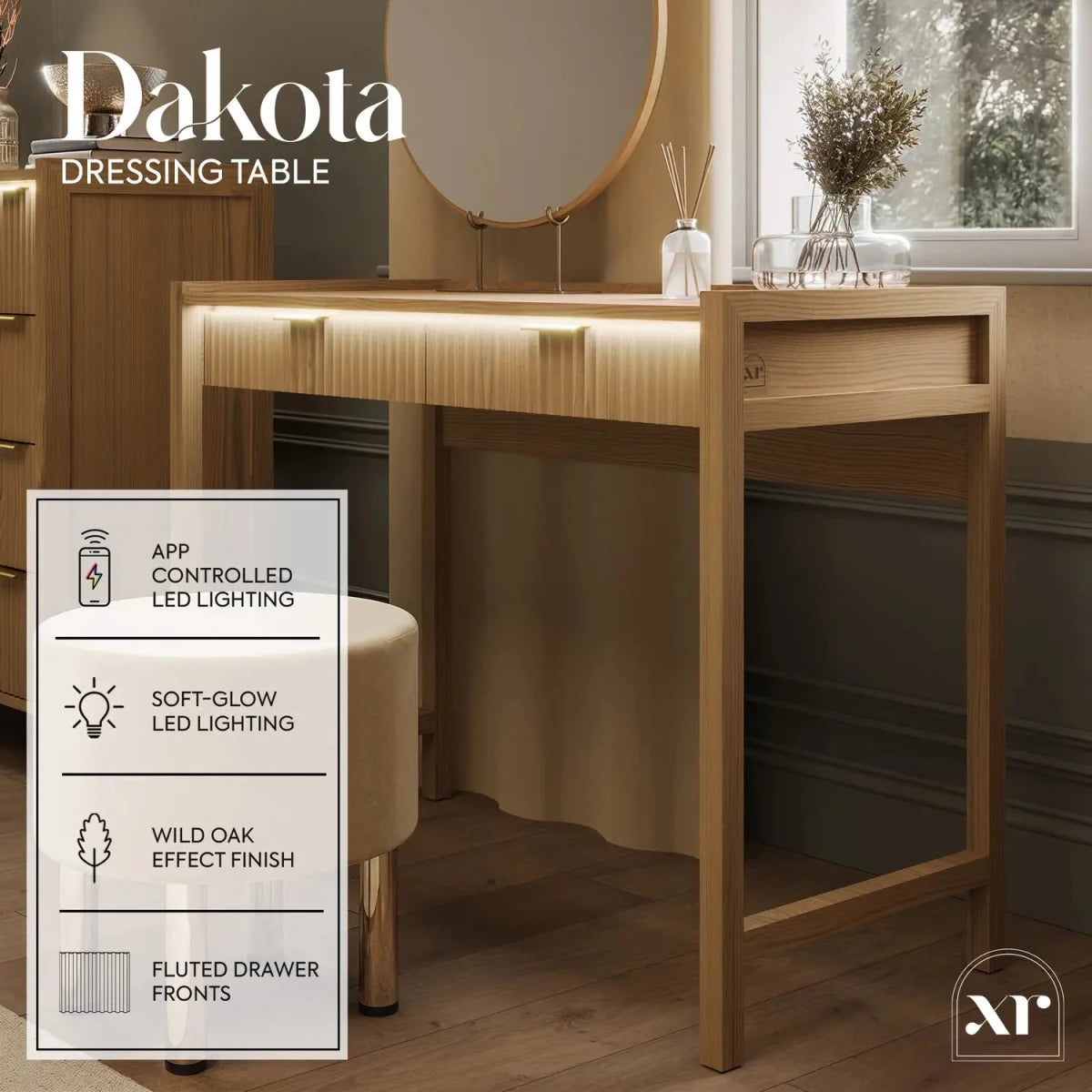 Dakota Dressing Table with 2 Drawers and App Controlled LED Lights - Wild Oak - XR LivingDressing Table