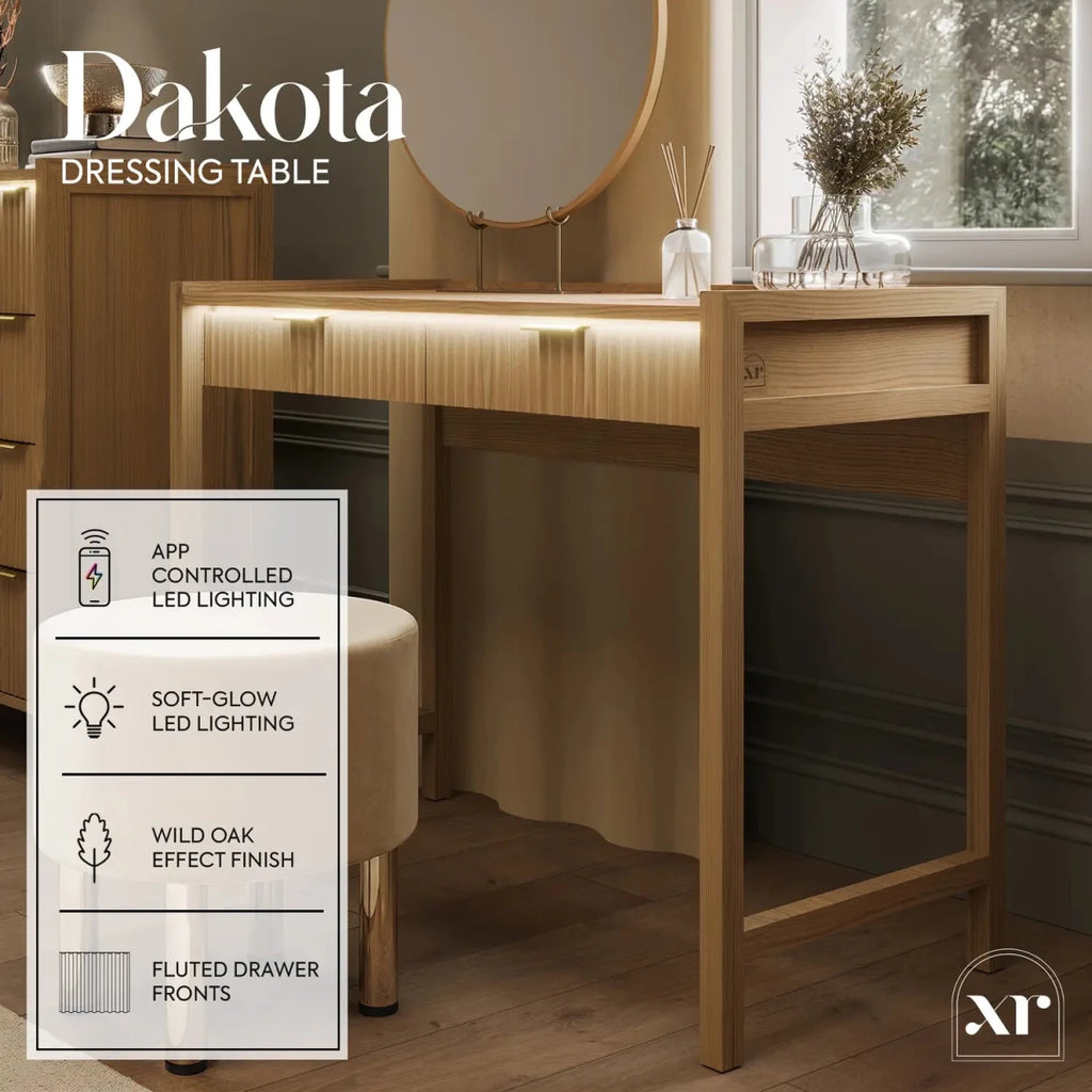 Dakota Dressing Table with 2 Drawers and App Controlled LED Lights - Wild Oak - XR LivingDressing Table