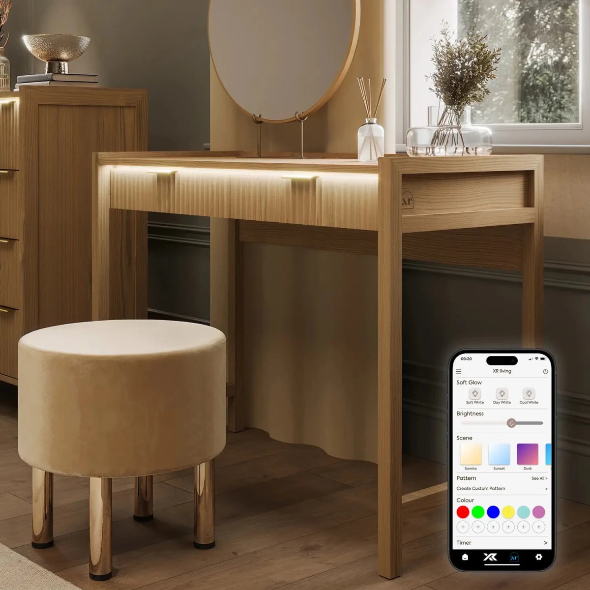 Dakota Dressing Table with 2 Drawers and App Controlled LED Lights - Wild Oak - XR LivingDressing Table