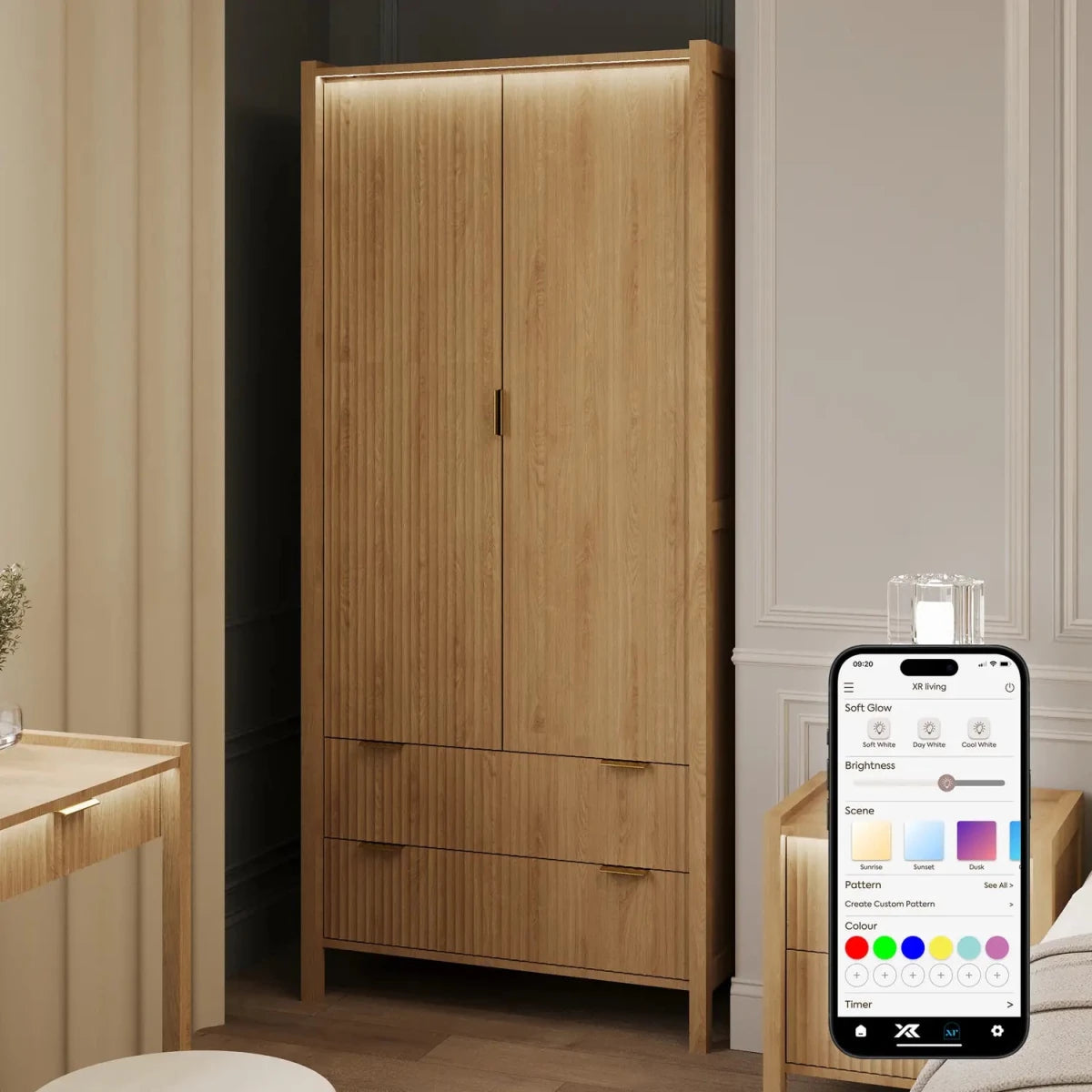 Dakota Two Door Wardrobe with Two Drawers and App Controlled LED Lights - Wild Oak - XR LivingWardrobe