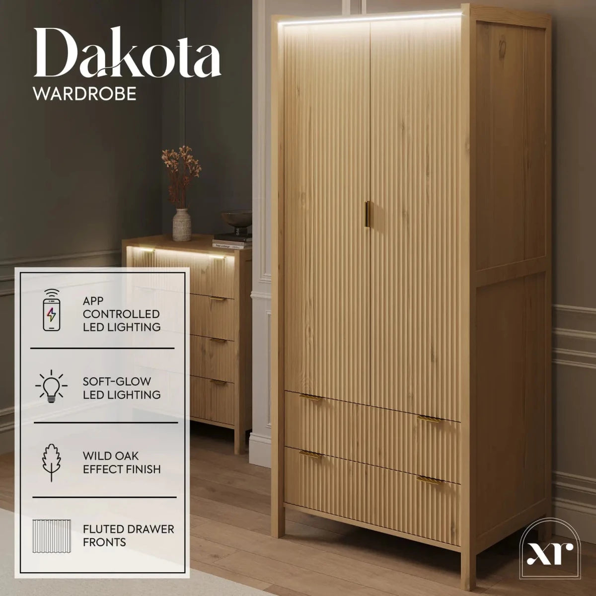 Dakota Two Door Wardrobe with Two Drawers and App Controlled LED Lights - Wild Oak - XR LivingWardrobe