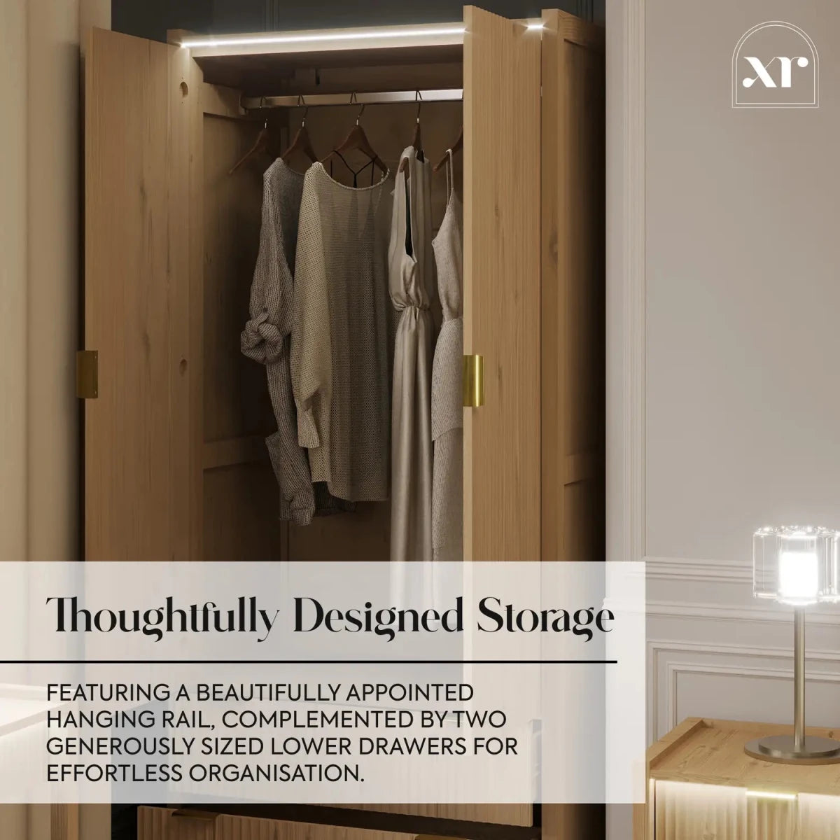 Dakota Two Door Wardrobe with Two Drawers and App Controlled LED Lights - Wild Oak - XR LivingWardrobe