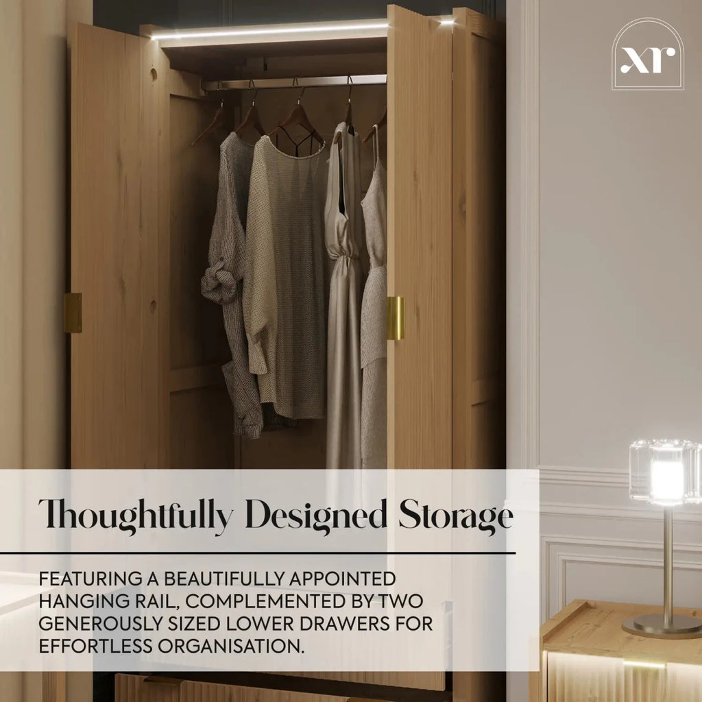 Dakota Two Door Wardrobe with Two Drawers and App Controlled LED Lights - Wild Oak - XR LivingWardrobe