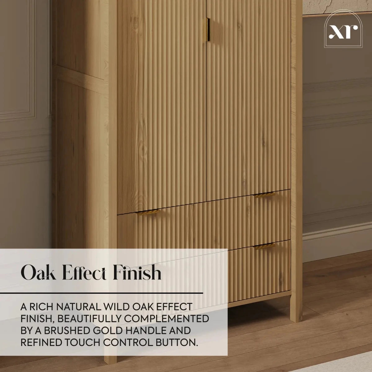 Dakota Two Door Wardrobe with Two Drawers and App Controlled LED Lights - Wild Oak - XR LivingWardrobe