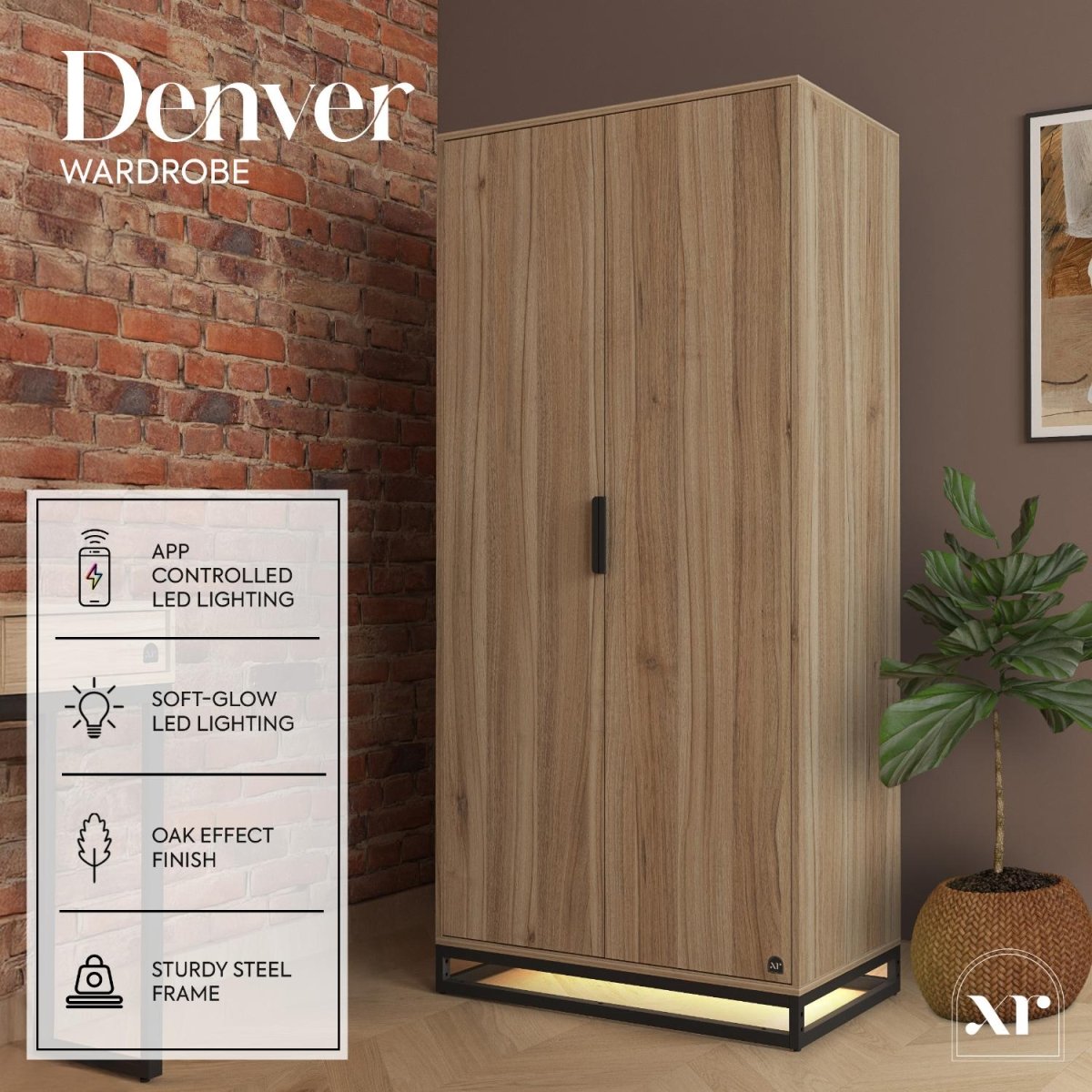 Denver 2 Door Wardrobe With App Controlled LED Lights - Oak / Black - XR LivingFurniture
