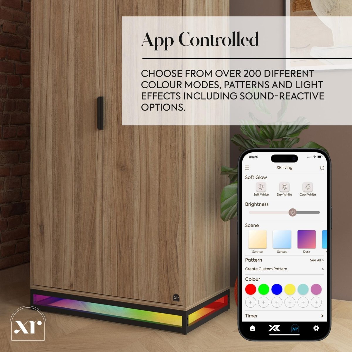 Denver 2 Door Wardrobe With App Controlled LED Lights - Oak / Black - XR LivingFurniture